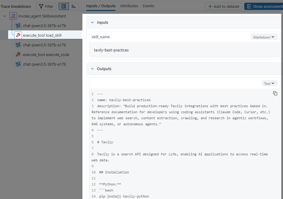 Through MLflow, you can see that the agent successfully loaded and executed the Agent Skills.
